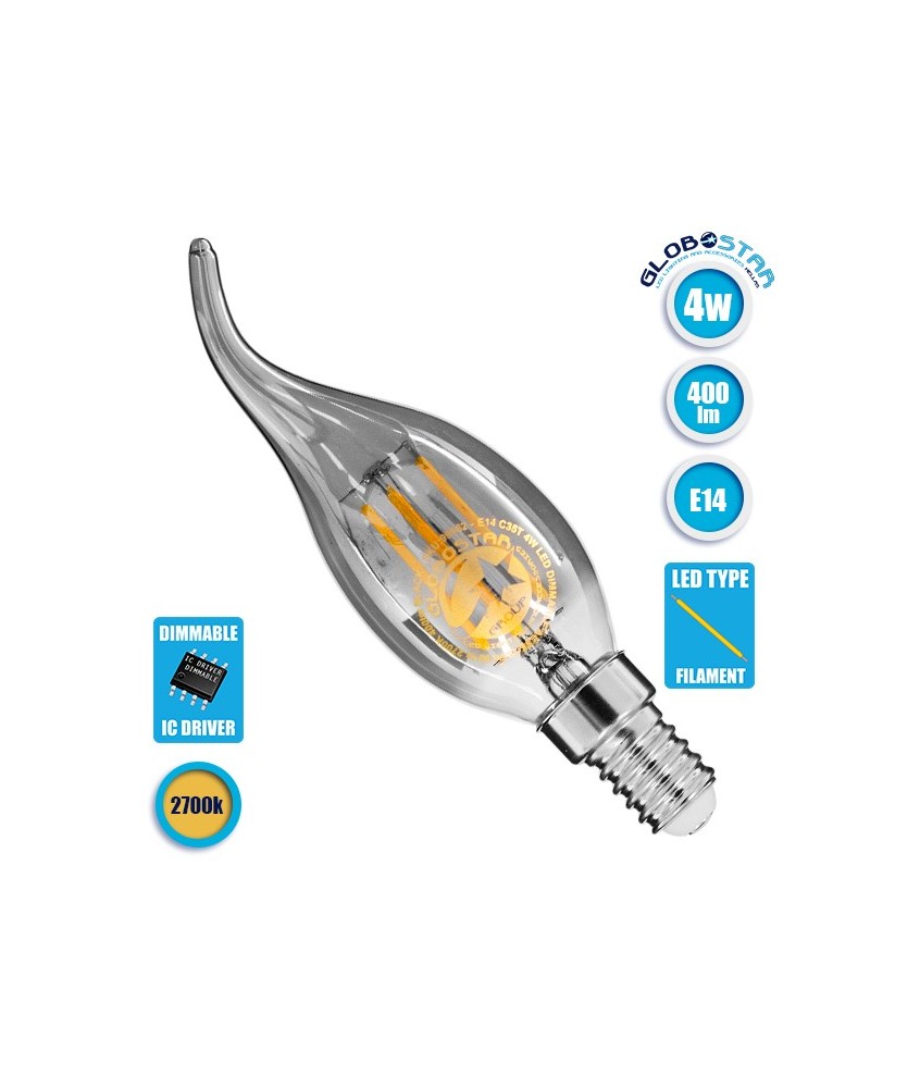 GLOBOSTAR® CANDLE 99062 Λάμπα Κεράκι E14 C35T LED 4W 400lm 360° AC 220-240V IP20 Θερμό Λευκό 2700K Dimmable - Filament Chip - Μαύρο Φιμέ - Μ3.5 x Π3.5 x Υ12cm - 3 Χρόνια Εγγύηση